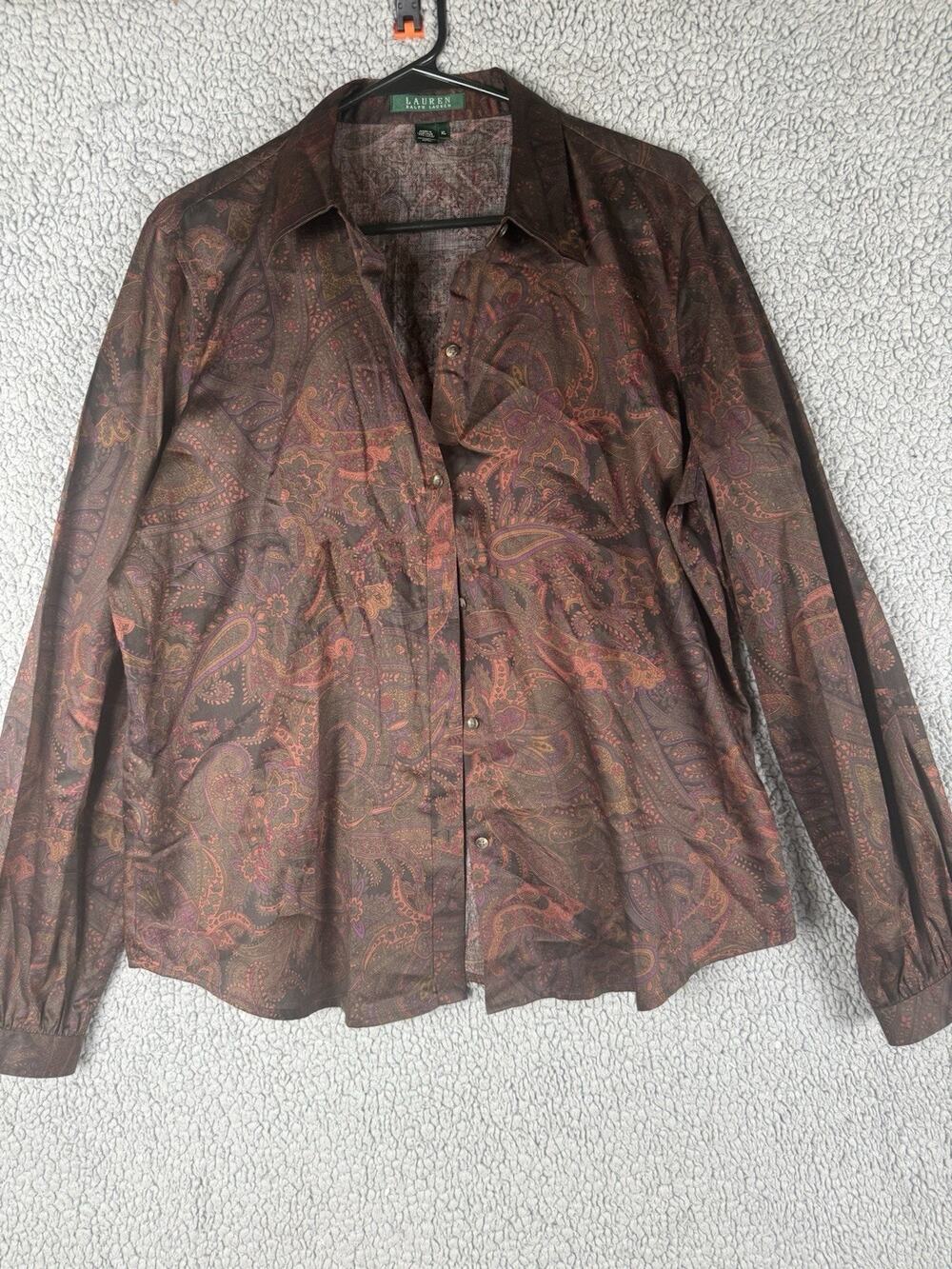 Vintage LaurenRalph Lauren Sz XL Deep Rich Brown Purple Paisley Blouse Shirt Top